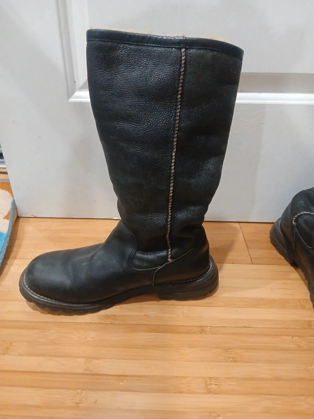 UGG Black Tall Leather Winter Boots with Shearling Trim